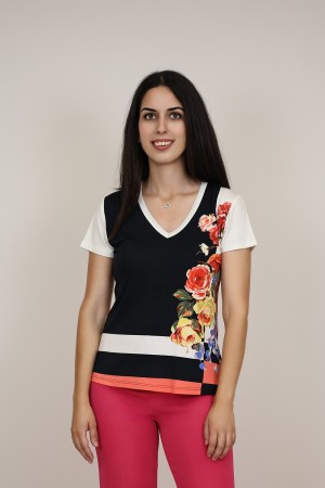 Silk-effect knit T-shirtl Toscana print| M47 Modas Benidorm